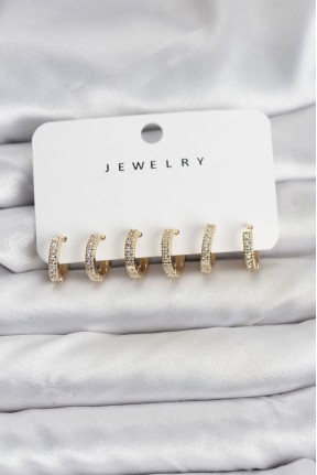 Gold Renk Pirinç Zirkon Taşlı Halka Kadın Küpe Seti Gold Renk Pirinç Zirkon Taşlı Halka Kadın Küpe Seti