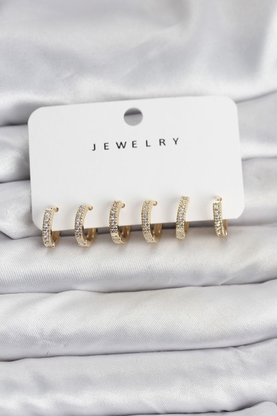 Gold Renk Pirinç Zirkon Taşlı Halka Kadın Küpe Seti Gold Renk Pirinç Zirkon Taşlı Halka Kadın Küpe Seti