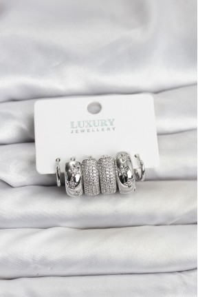 Zirkon Taşlı Pirinç Gümüş Renk Halka Kadın Küpe Seti Zirkon Taşlı Pirinç Gümüş Renk Halka Kadın Küpe Seti