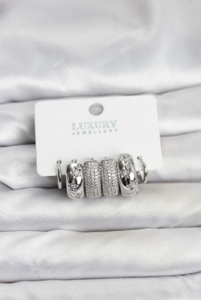 Zirkon Taşlı Pirinç Gümüş Renk Halka Kadın Küpe Seti Zirkon Taşlı Pirinç Gümüş Renk Halka Kadın Küpe Seti