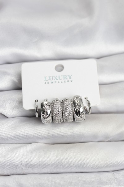 Zirkon Taşlı Pirinç Gümüş Renk Halka Kadın Küpe Seti Zirkon Taşlı Pirinç Gümüş Renk Halka Kadın Küpe Seti