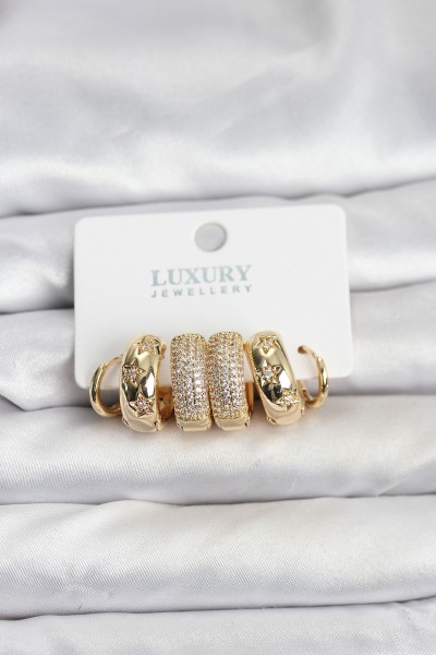 Zirkon Taşlı Pirinç Gold Renk Halka Kadın Küpe Seti Zirkon Taşlı Pirinç Gold Renk Halka Kadın Küpe Seti