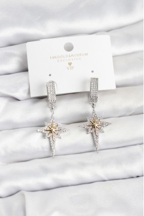 Zirkon Taşlı Gümüş Renk Pirinç Kutup Yıldızı Model Kadın Küpe Zirkon Taşlı Gümüş Renk Pirinç Kutup Yıldızı Model Kadın Küpe