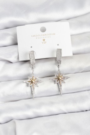 Zirkon Taşlı Gümüş Renk Pirinç Kutup Yıldızı Model Kadın Küpe Zirkon Taşlı Gümüş Renk Pirinç Kutup Yıldızı Model Kadın Küpe