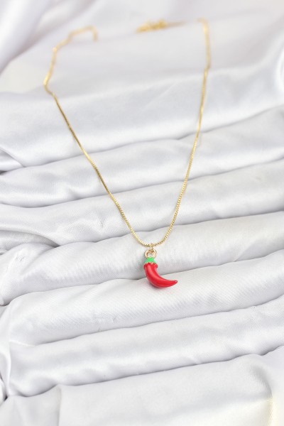 Pirinç Gold Renk Kırmızı Kapya Biber Model Kadın Kolye