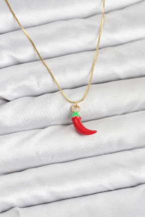 Pirinç Gold Renk Kırmızı Kapya Biber Model Kadın Kolye