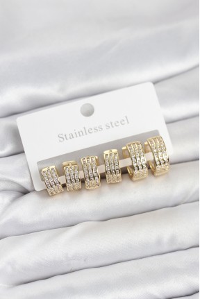 316l çelik Zirkon Taşlı Gold Halka Küpe Seti