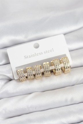 316l çelik Zirkon Taşlı Gold Halka Küpe Seti