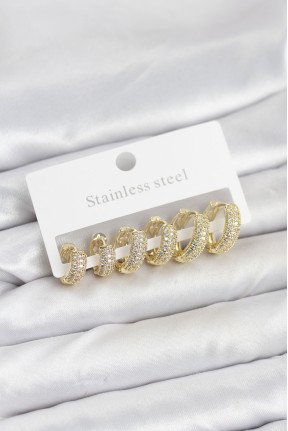 316l çelik Gold Renk Zirkon Taşlı Halka Küpe Seti
