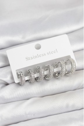 316l çelik Gümüş Renk Zirkon Taşlı Halka Küpe Seti