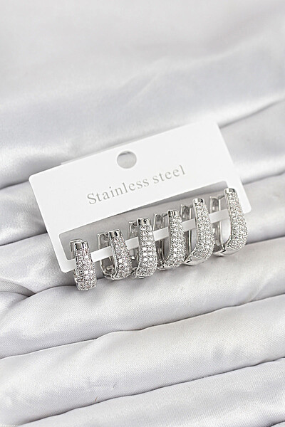 316l çelik Gümüş Renk Zirkon Taşlı Damla Halka Küpe Seti