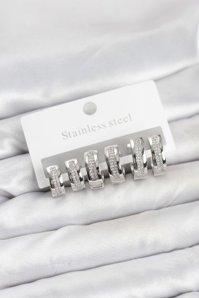 316l çelik Gümüş Renk Zirkon Taşlı Halka Küpe Seti