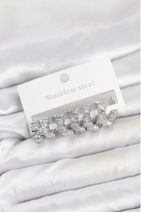 316l çelik Gümüş Renk Baget Zirkon Taşlı Halka Küpe Seti