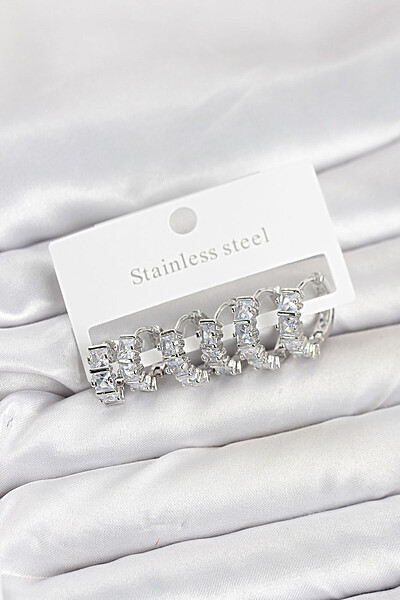 316l çelik Gümüş Renk Baget Zirkon Taşlı Halka Küpe Seti