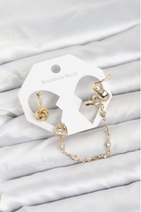 Pirinç Gold Renk Yılan Model Zincir Bağlantılı Ear Cuff Küpe Seti