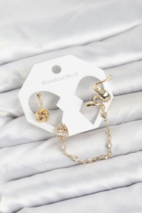 Pirinç Gold Renk Yılan Model Zincir Bağlantılı Ear Cuff Küpe Seti