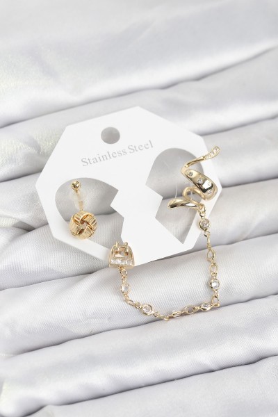 Pirinç Gold Renk Yılan Model Zincir Bağlantılı Ear Cuff Küpe Seti