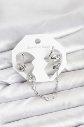 Pirinç Gümüş Renk Yılan Model Zincir Bağlantılı Ear Cuff Küpe Seti