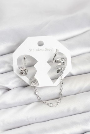 Pirinç Gümüş Renk Yılan Model Zincir Bağlantılı Ear Cuff Küpe Seti