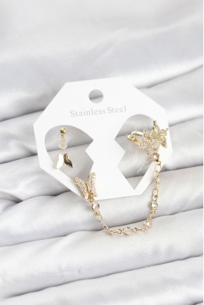 Pirinç Gold Renk Kelebek Model Zincir Bağlantılı Ear Cuff Küpe Seti