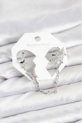 Pirinç Gümüş Renk Kelebek Model Zincir Bağlantılı Ear Cuff Küpe Seti