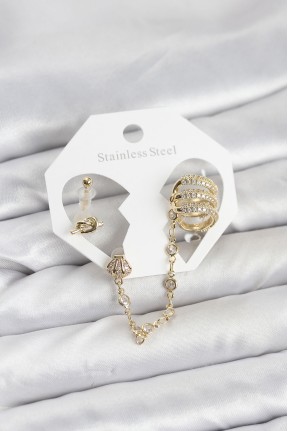 Pirinç Gold Renk Sarmal Model Zincir Bağlantılı Ear Cuff Küpe Seti