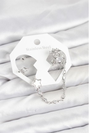 Pirinç Gümüş Renk Yıldız Model Zincir Bağlantılı Ear Cuff Küpe Seti