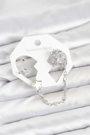 Pirinç Gümüş Renk Yıldız Model Zincir Bağlantılı Ear Cuff Küpe Seti