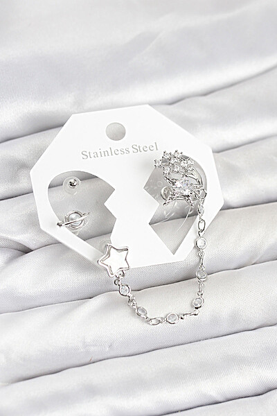 Pirinç Gümüş Renk Yıldız Model Zincir Bağlantılı Ear Cuff Küpe Seti
