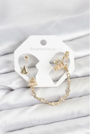 Pirinç Gold Renk Yıldızlı Model Zincir Bağlantılı Ear Cuff Küpe Seti