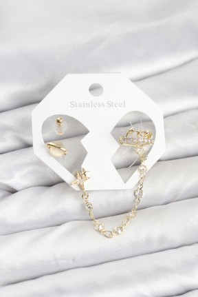 Pirinç Gold Renk Uzay Model Zincir Bağlantılı Ear Cuff Küpe Seti