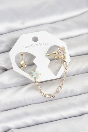 Yıldız Model Pirinç Gold Renk Zincir Bağlantılı Ear Cuff Küpe Seti