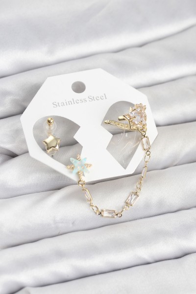 Yıldız Model Pirinç Gold Renk Zincir Bağlantılı Ear Cuff Küpe Seti