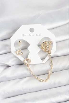 Uzay Model Pirinç Gold Renk Zincir Bağlantılı Ear Cuff Küpe Seti