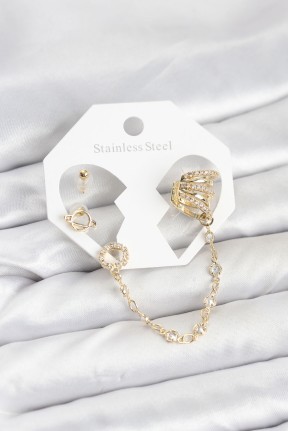 Uzay Model Pirinç Gold Renk Zincir Bağlantılı Ear Cuff Küpe Seti