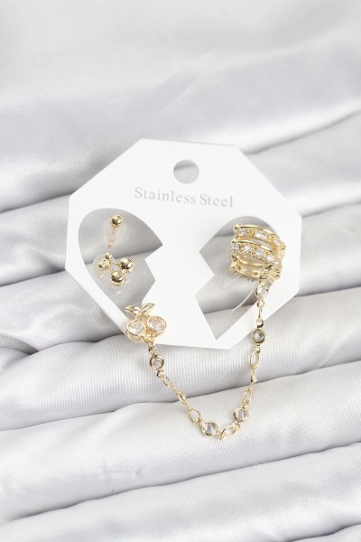Kiraz Model Pirinç Gold Renk Zincir Bağlantılı Ear Cuff Küpe Seti Kiraz Model Pirinç Gold Renk Zincir Bağlantılı Ear Cuff Küpe Seti