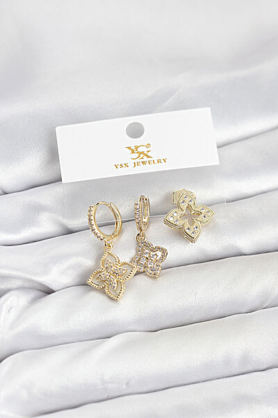 Pirinç Gold Renk Yonca Model Ysx Trio Küpe Seti