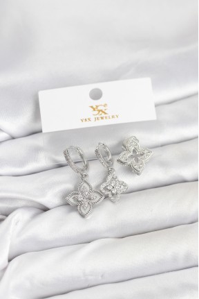 Pirinç Gümüş Renk Yonca Model Ysx Trio Küpe Seti