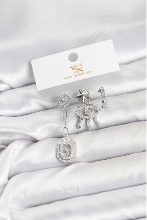 Pirinç Gümüş Renk Göz Ve Kutup Yıldızı Model Ysx Trio Küpe Seti