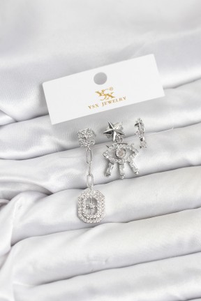 Pirinç Gümüş Renk Göz Ve Kutup Yıldızı Model Ysx Trio Küpe Seti
