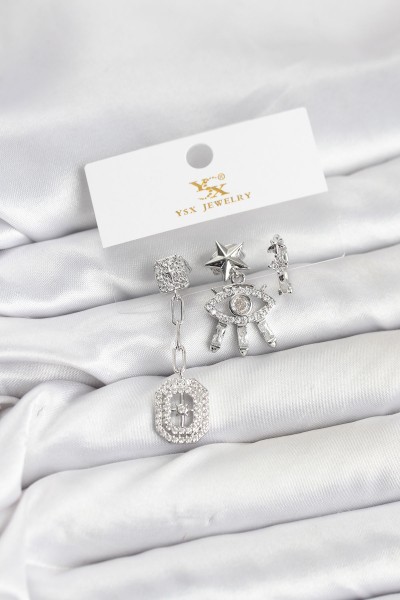Pirinç Gümüş Renk Göz Ve Kutup Yıldızı Model Ysx Trio Küpe Seti