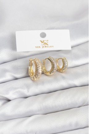Pirinç Gold Renk Zirkon Taşlı Halka Model Ysx Trio Küpe Seti