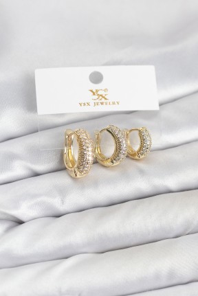 Pirinç Gold Renk Zirkon Taşlı Halka Model Ysx Trio Küpe Seti