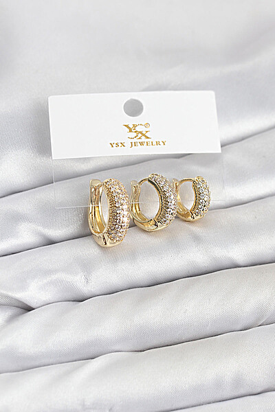 Pirinç Gold Renk Zirkon Taşlı Halka Model Ysx Trio Küpe Seti