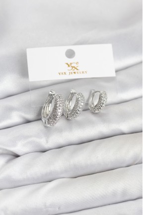 Pirinç Gümüş Renk Zirkon Taşlı Halka Model Ysx Trio Küpe Seti
