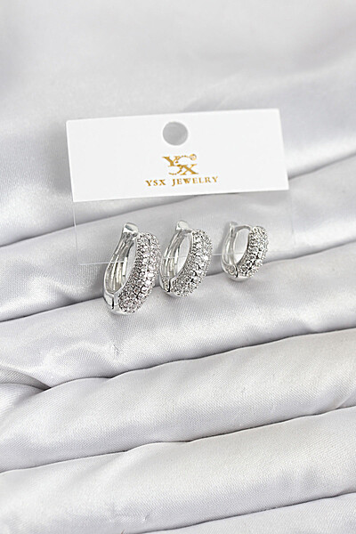 Pirinç Gümüş Renk Zirkon Taşlı Halka Model Ysx Trio Küpe Seti