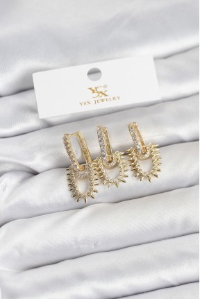 Pirinç Gold Renk Zirkon Taşlı Vintage Model Ysx Trio Küpe Seti