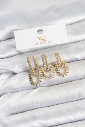 Pirinç Gold Renk Zirkon Taşlı Vintage Model Ysx Trio Küpe Seti