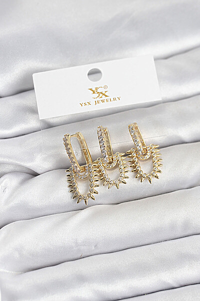Pirinç Gold Renk Zirkon Taşlı Vintage Model Ysx Trio Küpe Seti