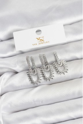Pirinç Gümüş Renk Zirkon Taşlı Vintage Model Ysx Trio Küpe Seti
